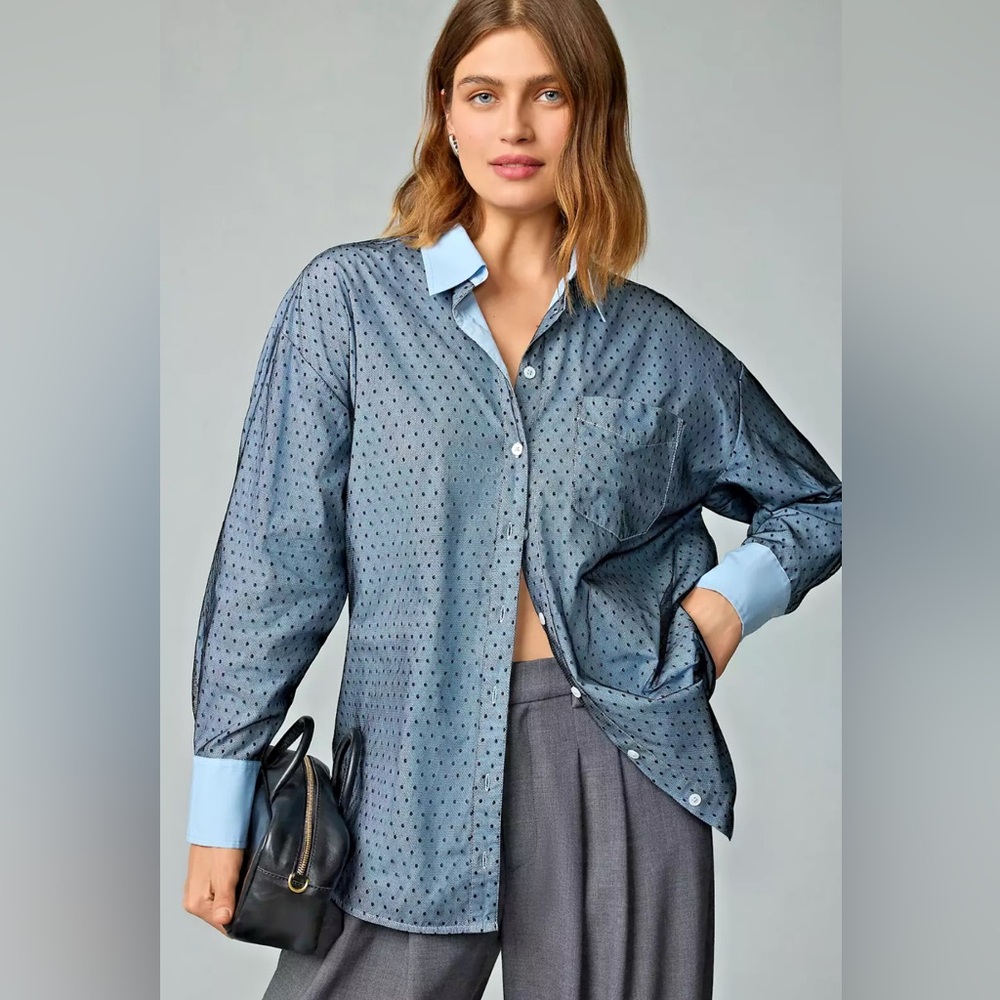 Anthropologie Maeve Bennet Shirt - blue tulle polka dot overlay size XS EUC